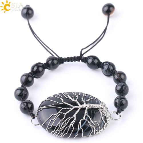 Bracelet En Pierres Naturelles Pour Hommes Et Femmes, Agate, Fil De Fer, Arbre De Vie, Bleu, Noir, Ovale, Grosses Perles, Pendentif, Bijoux F752, 8mm