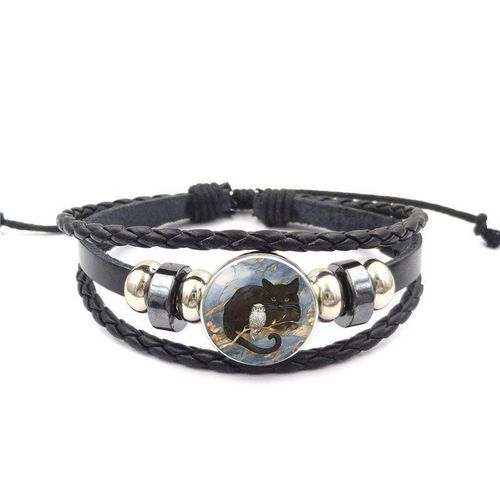 Bracelet En Cuir Noir Pour Femmes Et Filles, Bijoux De Marque Avec Logo Chat Et Hibou, À La Mode, Verre Maxi