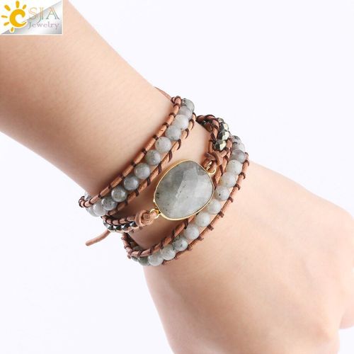 Bracelets Enroulés Spectrolite Pour Hommes, 6mm, En Cuir Véritable Multicouche, Hématite, Fait À La Main, F612