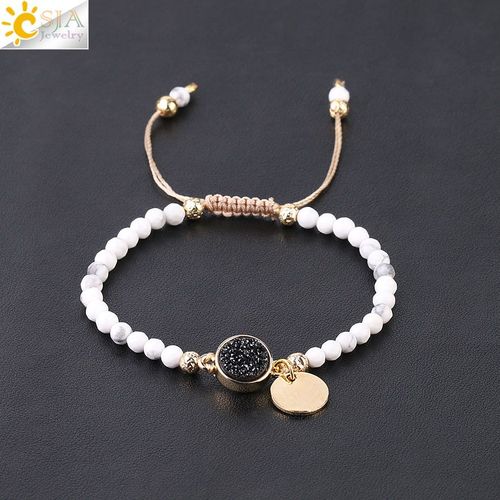 Bracelet À Petites Perles Blanches Howlite 4mm Pour Femmes, Bracelets Tressés, Druzy Naturel, Corde Tissée, Quartz Chic, F744