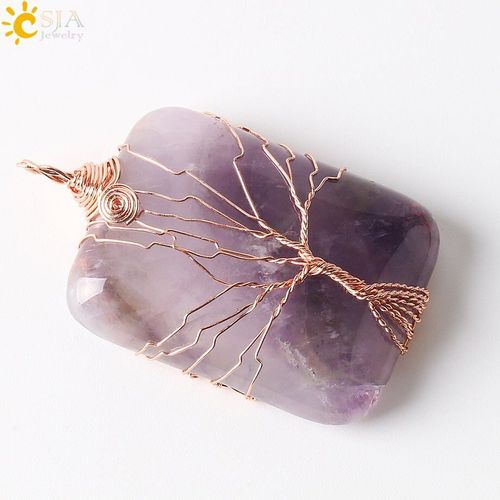 Colliers En Pierre Naturelle Rectangulaire, Cristal Reiki, Couleur Or Rose, Pendentif Enroulé, Arbre De Vie, Bijoux Pour Femmes Et Hommes E224