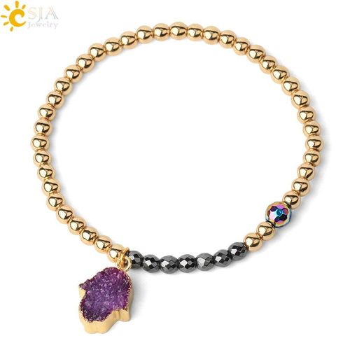 Bracelet Doré En Hématite Pour Hommes Et Femmes, Perles De 4mm, Chaîne En Cuivre, Énergie Magnétique, Breloque Druzy Hamsa, F621