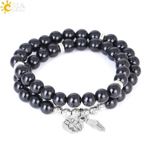 Bracelet En Obsidienne Noire Pour Homme Et Femme, Bijou Porte Bonheur, En Pierre Naturelle, Double Couche, Bouddha, Main Lotus, 8mm, F311