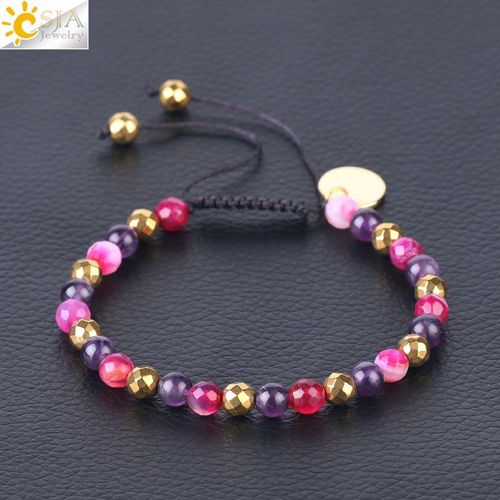 Bracelet Mixte En Cristal Violet Et Onyx Pour Femmes, Pierres Naturelles, 6mm, Corde Tissée Ajustable, Couleur Or, F534, 2018