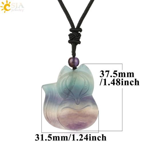 Csja Pendentifs En Fluorite En Pierre Naturelle, Colliers Gravés Sur Neuf Tiges De Renard Et Fleur Rose Sculptée Pour Femmes Et Hommes, G286