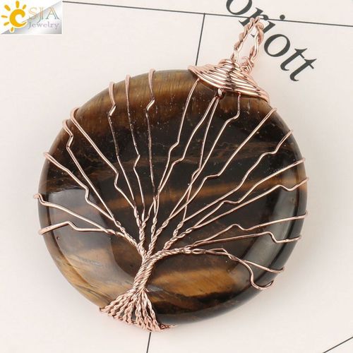 Csja Or Rose Couleur Arbre De Vie Fil Wrap Pendentif Collier Rond Pierres Naturelles Quartz Cristal Fait Main Bijoux Femmes Hommes G155