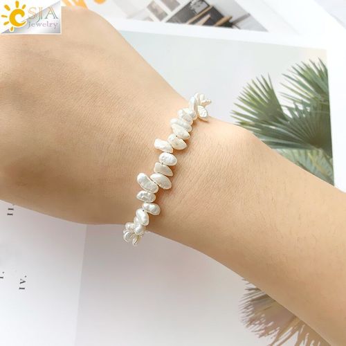 Csja Bracelets En Perles Naturelles Irrégulières, Perle Blanche Baroque, Couleur Or, Bijoux Ajustables, Pour Femmes Et Filles, Idée Cadeau, G569