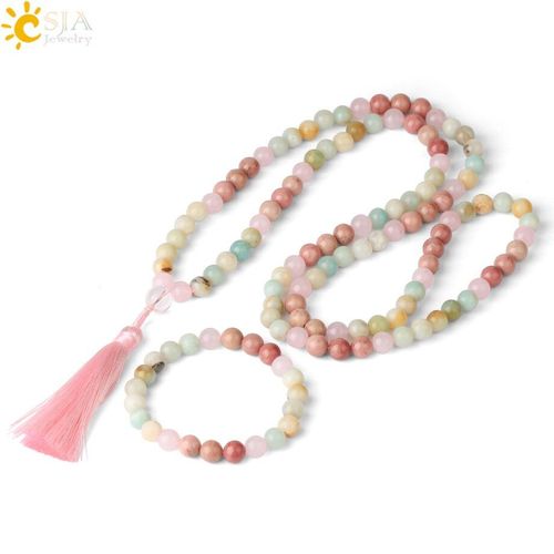 Ensemble De Bijoux En Pierre Naturelle Pour Filles, Collier Et Bracelet En Cristal Rose Améthyste De 8mm, 108 Mala, Perles Japonaises, Méditation, Yoga G698