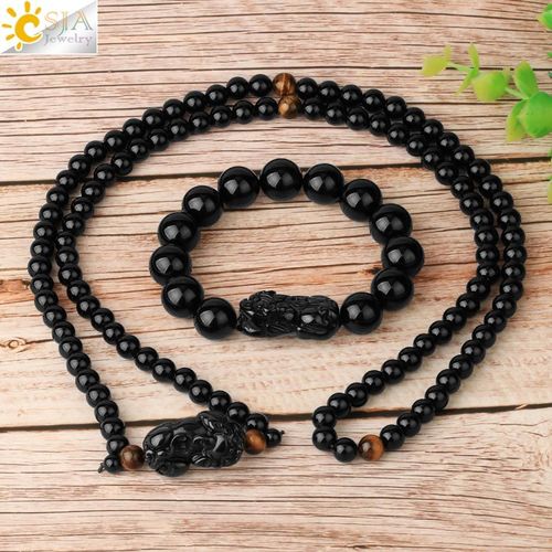 Ensemble De Bijoux En Pierre Naturelle Pour Hommes, Collier Et Bracelet En Obsidiana Noire, Pixiu, Fengshui, Cadeau, G769