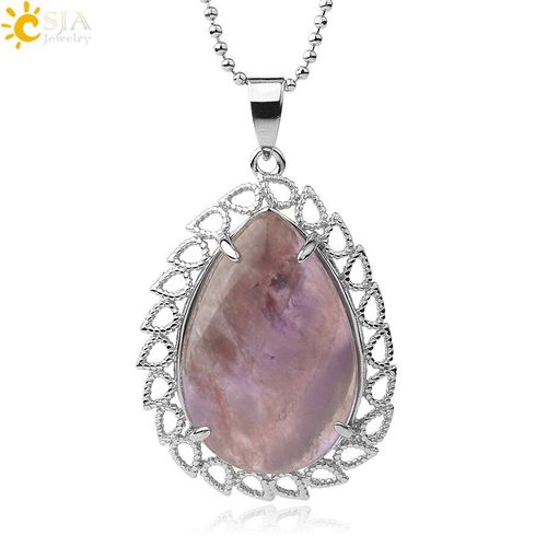 Pendentif Goutte D'eau En Pierre De Cristal Naturel, Quartz Rose, Ajouré, Dos Plat, Couleur Argent, Bijoux Pour Femmes, G557