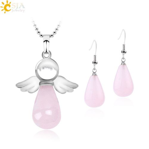 Ensemble De Bijoux Ange Gardien, Collier Goutte D'eau Pour Femmes, Boucles D'oreilles En Pierre Naturelle, Quartz Rose F645