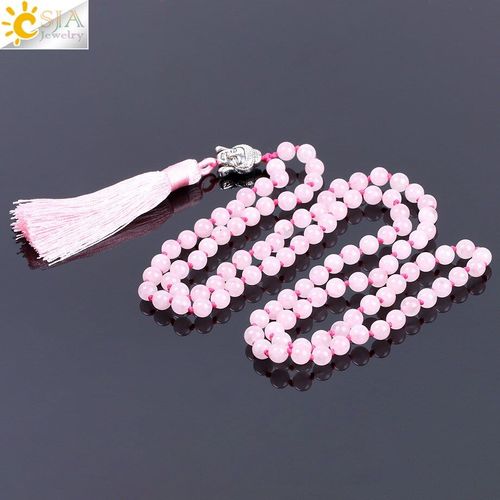 Collier À Pampilles En Pierre Naturelle, Cristal Rose, Quartz, Style Boho, 108 Mala, Énergétique, Reiki, Bouddha, F178