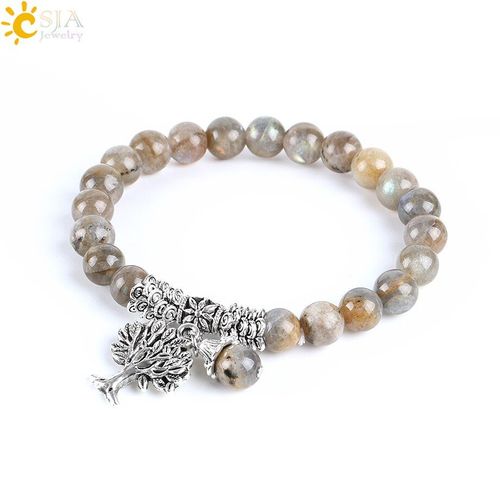 Csja Bracelets En Labradorite Naturelle Pour Hommes, Bracelets En Pierre Précieuse, Pierre Mala, Breloque D'arbre De Vie, Reiki, Méditation, Guérison, E742