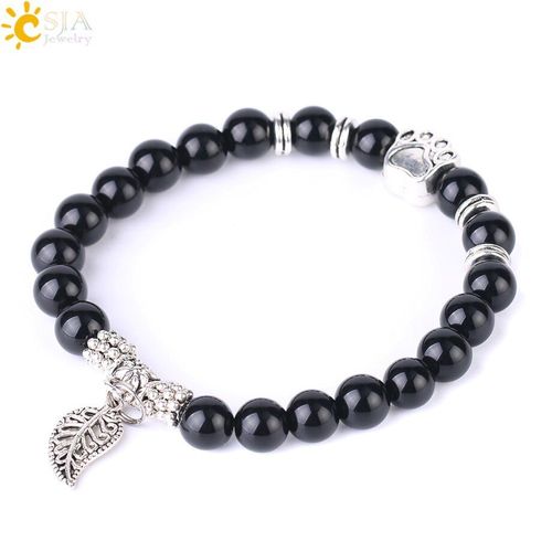 Bracelet En Pierre Naturelle Pour Hommes, Perles De Mala, En Obsidienne, Onyx Indien, ¿Il De Tigre, Vintage, Feuille D'ours, Breloques, F539