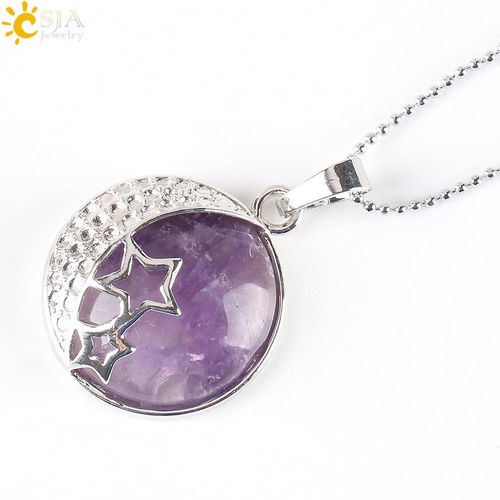 Csja Collier En Cristal Rose Pour Femmes, Bijou Amour Lune, Étoiles, Dos Creux, Pendentif En Pierre Naturelle, Chakra Yoga, Semi Précieuse, E175