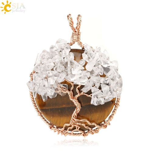 Csja Pendentif D'arbre De Vie En Pierre Cabochon Naturelle, Couleur Or Rose, Enroulé De Fil, Perles De Sagesse, Collier G193