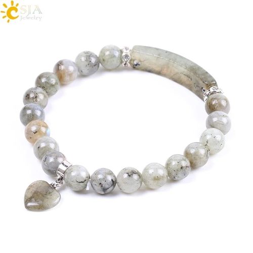 Csja Bracelet En Pierre Naturelle Hommes/Femmes, Perles Rectangulaires En Labradorite, C¿Ur D'amour, Yoga F103
