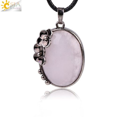 Pendentif Vintage En Pierre Naturelle En Forme D'¿Uf, Plaqué Argent Antique, Colliers À Breloques En Forme De Fleur, Bijoux Pour Femmes Et Hommes G093