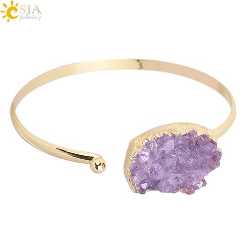 Bracelet Manchette Pour Femmes, Pierre Naturelle, Quartz Violet, Cristal, Demi Ouvert, Couleur Or, Toute Taille De Poignet, Bijoux F324