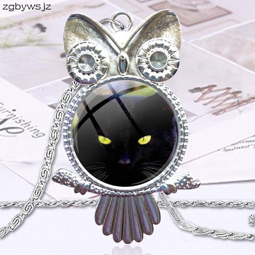Collier Avec Chat Noir Pour Femme Et Garçon, Pendentif Vintage En Verre, Animal Mignon, Hibou, Idée De Cadeau