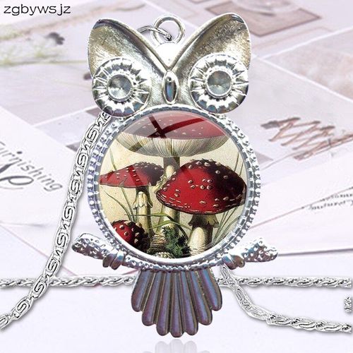 Cadeau De Fête Pour Femmes, Cabochon En Verre, Pendentif Hibou, Collier Ras Du Cou, Bijoux Champignon Rouge