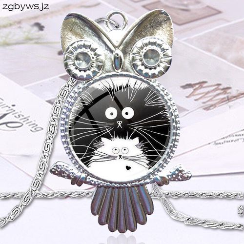 Collier Avec Chat Noir Et Blanc Pour Femmes Et Enfants, Cabochon En Verre, Pendentif De Déclaration, Hibou, Bijoux