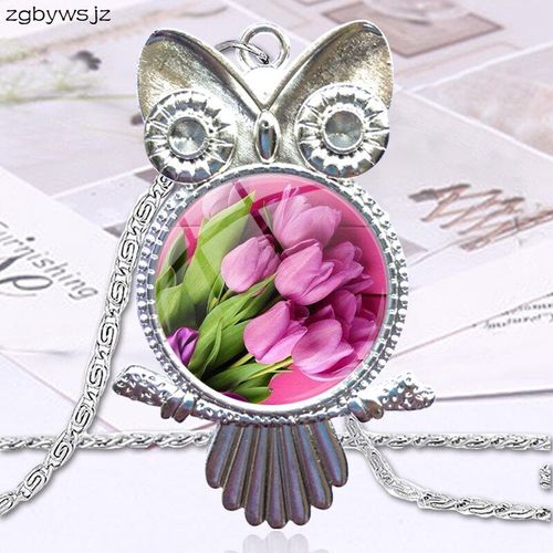 Collier Cabochon En Verre Pour Femmes, Pendentif De Déclaration, Hibou, Bijoux À La Mode, Tulipe Rose