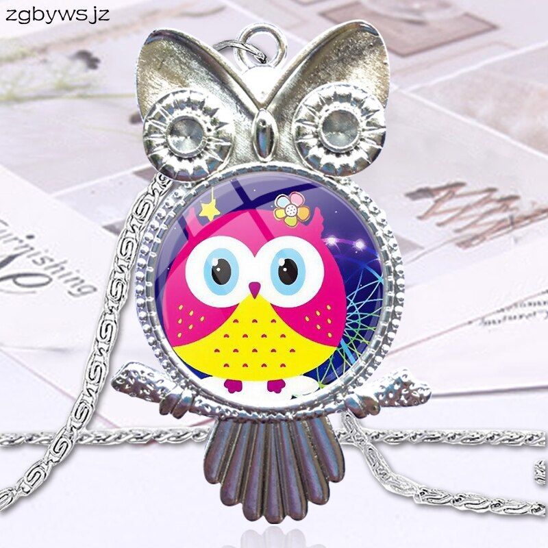 Bijoux Vintage Hibou De Dessin Animé Mignon Plaqué Avec Cabochon En Verre Ras Du Cou Long Pendentif Hibou Collier Meilleur Cadeau Pour Filles