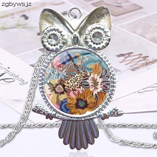 Bijoux En Verre Plaqué, Cabochon Ras Du Cou, Long Pendentif Hibou, Collier Pour Femmes, Cadeau Vintage Fleur Multicolore