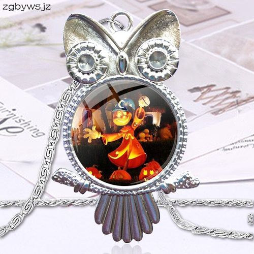 Collier Ras Du Cou Avec Cabochon En Verre Plaqué, Long Pendentif Hibou, Bijoux À La Mode, Image De Citrouille D'halloween Pour Femmes