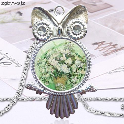 Collier Avec Pendentif En Verre Unisexe, Ras Du Cou, Hibou, Rose, Van Gogh, Art