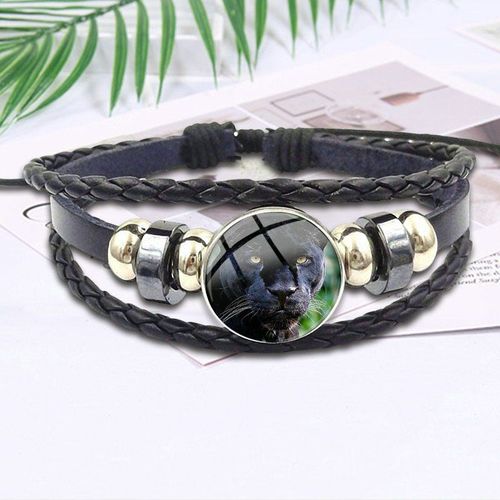 Bracelet En Cuir Noir Pour Filles, Bijoux Avec Cabochon En Verre, Logo Panthère Noire, Vente En Gros, Nouvelle Marque
