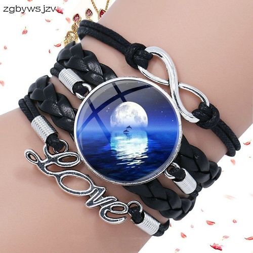 Bracelet En Cuir Noir, Cabochon En Verre, Multicouche, Fait À La Main, Pour Filles, Meilleur Cadeau Lune Et Dauphin