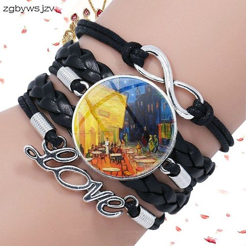 Bracelet En Cuir Noir Multicouche Pour Mariage, Cabochon En Verre, Bijoux, Bijouterie Van Gogh, Terrasse De Café