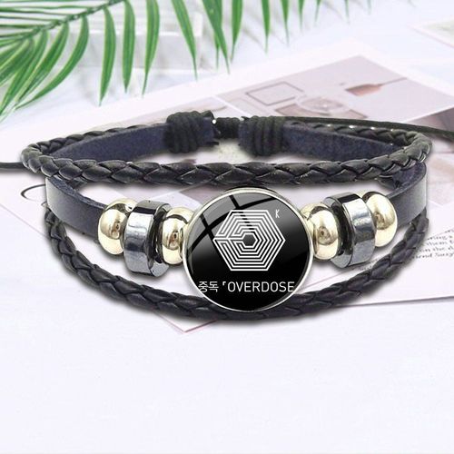 Bracelet En Cuir Noir Plaqué Avec Cabochon En Verre Pour Enfants, Perles Supernaturelles, Star De La Mode Exo