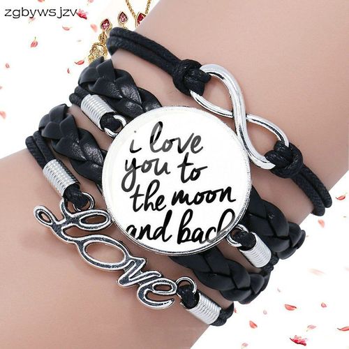 Bracelet En Cuir Noir Pour Filles, Cabochon En Verre, Bijoux De Dessin Animé, Multicouches, Meilleur Cadeau, Je T'aime À La Lune Et Au Dos
