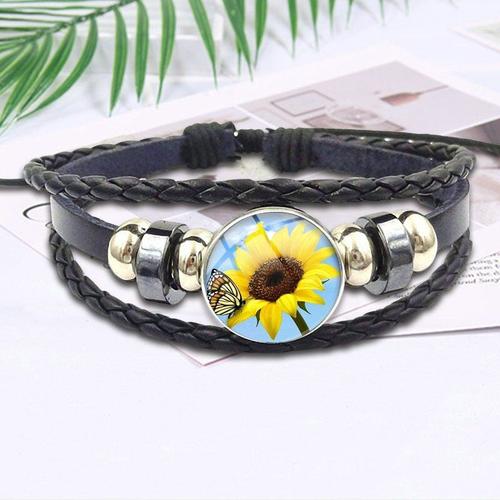 Bijoux En Forme De Tournesol Pour Filles, Maxi Bijoux De Noël Avec Cabochon En Verre, Bracelet En Cuir Noir