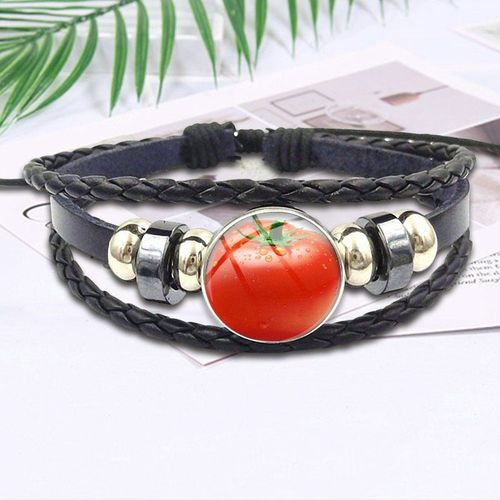 Bracelet En Cuir Noir, Cabochon En Verre De Tomate Rouge, Bijoux Vintage Faits À La Main Pour Filles, Meilleur Cadeau