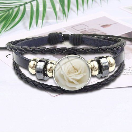 Bracelet En Cuir Noir Pour Hommes Et Femmes, Bijoux De Marque De Fête, Déclaration De Mode, Bracelet En Verre, Fleur De Rose Maxi