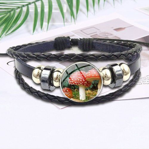 Bracelet En Cuir Noir Style Harajuku Pour Femmes Et Enfants, Bijoux Avec Cabochon En Verre, Cadeau Champignon
