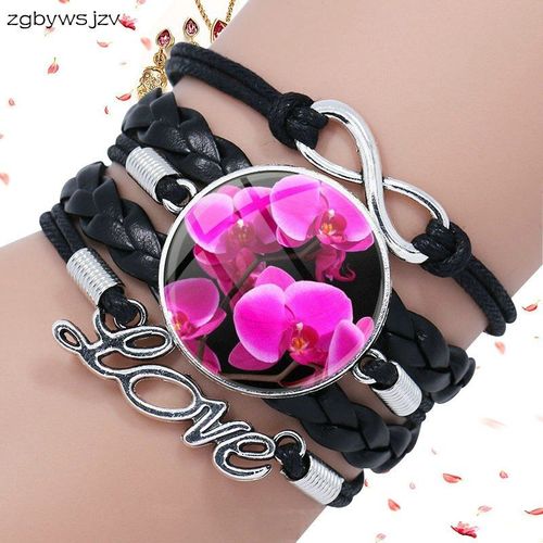 Bracelet En Cuir Noir Pour Femmes, Pierre De Verre, Surface Multicouche, Bijoux Orchidée