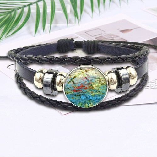 Bijoux Vintage Avec Cabochon En Verre Plaqué, Maxi Bracelet En Cuir Noir Pour Filles, Cadeau Monet's Nénuphar