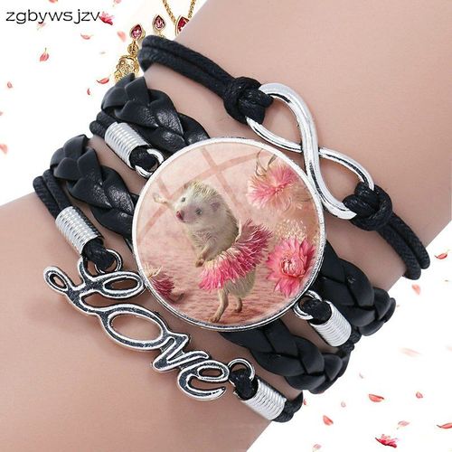 Bracelet En Cuir Noir Multicouche, Cabochon En Verre, Bijoux Pour Filles, Maxi Collier Motif Hérisson Dans Le Brouillard