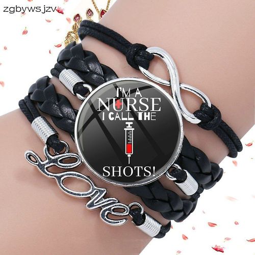 Bracelet En Cuir Noir Multicouche Pour Filles, Bijoux À La Mode, Cabochon Verre, Bracelet Pour Filles, Cadeaux, Infirmière, Appel Les Coups