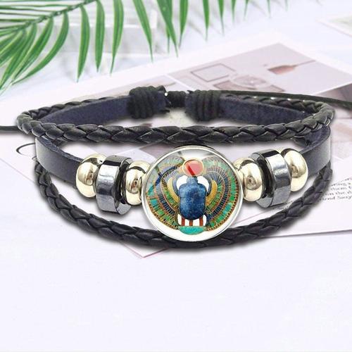 Bracelet En Cuir Noir Avec Cabochon En Verre, Bijou Classique Pour Amoureux, Meilleure Amitié, Scarabée Égyptien