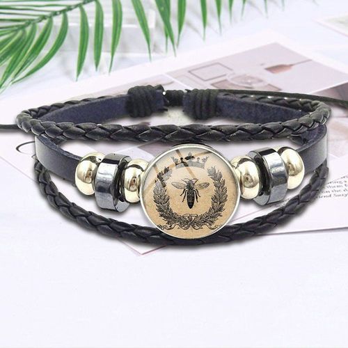 Bracelet En Cuir Noir Pour Femmes, Couronne Reine Abeille, Bijoux Faits À La Main Avec Cabochon En Verre, Nouvelle Marque
