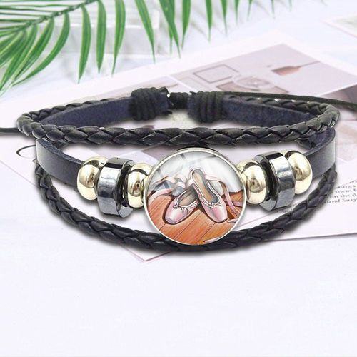Pantoufles Ballerines Roses, Cabochon En Verre Rond Noir, Bracelet En Cuir, Bijoux Pour Filles, Cadeau, Nouvelle Collection