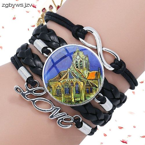 Bracelet En Cuir Noir Multicouche Avec Cabochon En Verre, Bijou Classique À La Mode Pour Femmes, Le Van Gogh, L'église À Auvers