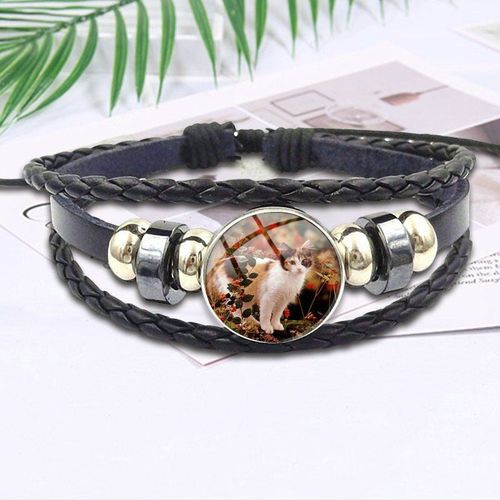 Bracelet En Cuir Noir Pour Filles, Cabochon En Verre, Bijoux Vintage Faits À La Main, Meilleur Cadeau, Chat Calico Rouge