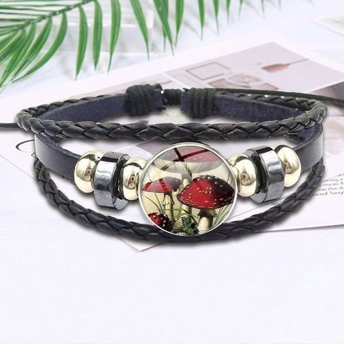 Bijoux De Marque De Luxe Champignon Rouge, Cabochon En Verre, Bracelet En Cuir Noir Pour Femmes, Haute Qualité Pour Filles